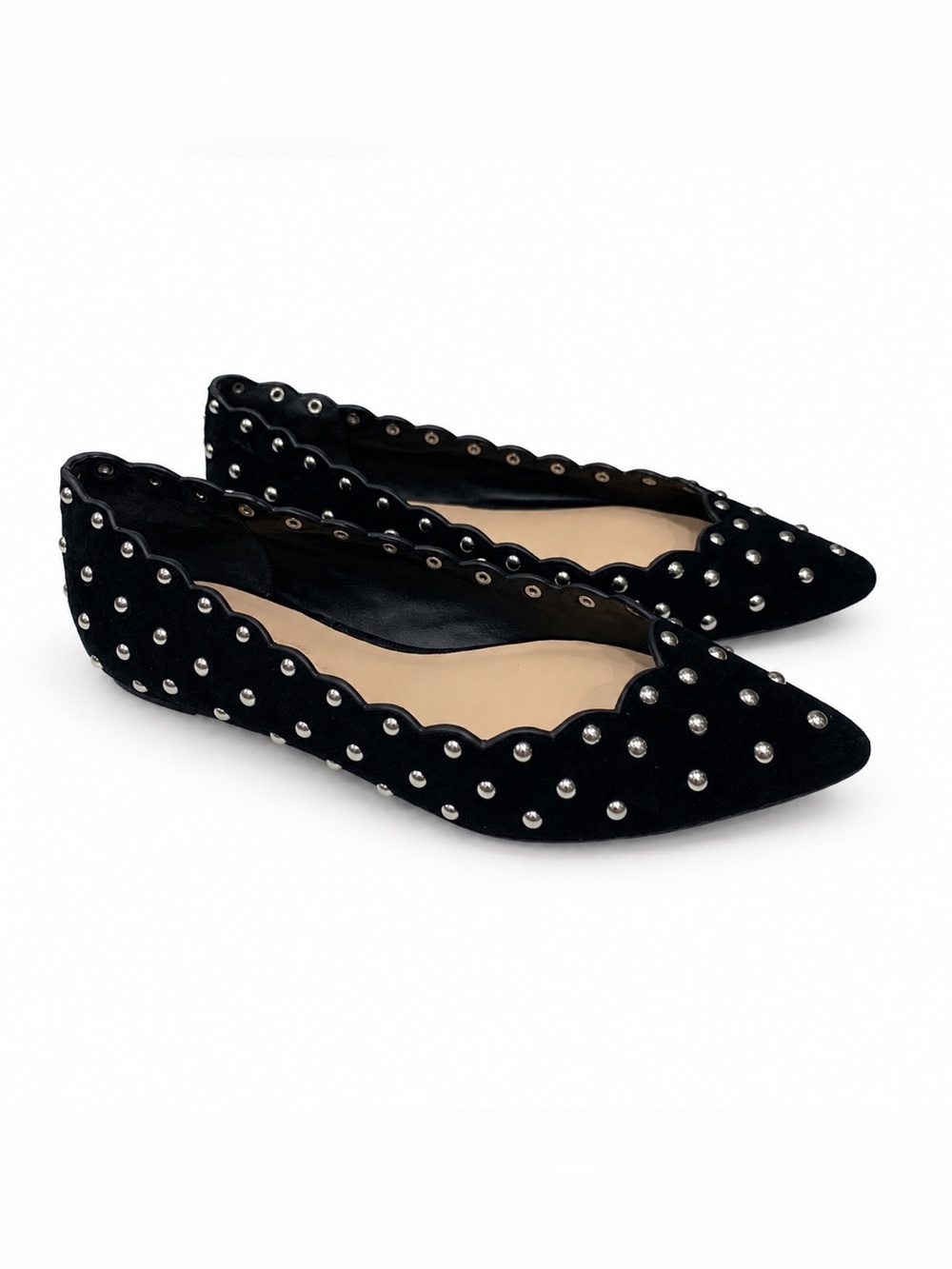 Isa Tapia Black Studded Suede Ballet Flats Pointed Toe EU 37.5 US 7
